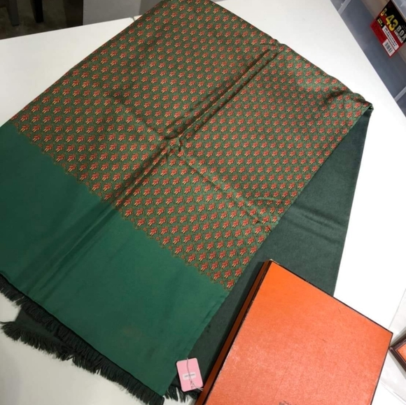 HERMES GREEN PRINTED Angora Silk Scarf Authentic - Picture 5 of 7